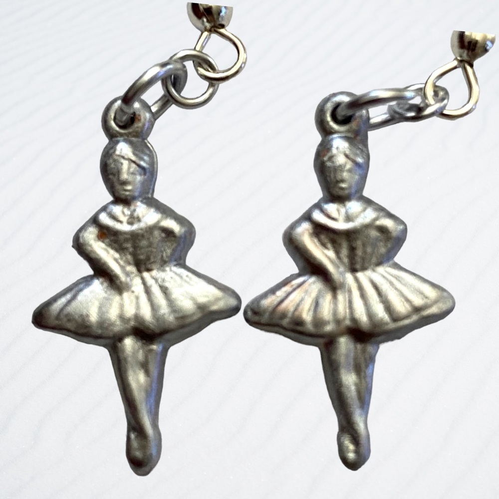 Hand Crafted Earrings Ballerina Chrome Silver Dangle Ballet Dancer Pierced - Picture 4 of 7